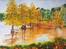 A painting of trees in the water