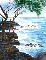 A painting of the ocean and rocks with trees in the background.