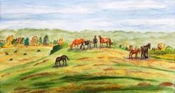 A painting of horses grazing in the field