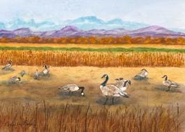 A painting of geese in the middle of an open field.
