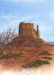 A painting of a desert landscape with a tree in the foreground.
