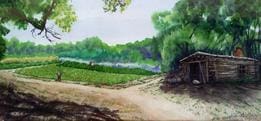 A painting of a dirt road and trees
