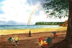 A painting of chickens on the beach with an umbrella