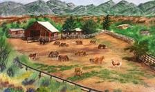 A painting of horses in the pasture