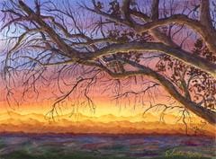 A painting of a tree with the sun setting in the background.