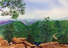 A painting of the mountains and trees