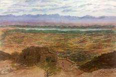 A painting of the desert with mountains in the background.