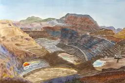A painting of an open pit mine with mountains in the background.