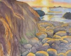 A painting of rocks and water at sunset.