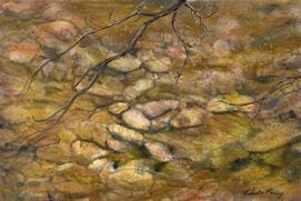 A painting of rocks and trees in the water.