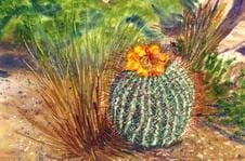 A painting of a cactus with a flower in it's mouth.
