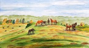 A painting of horses grazing in the field