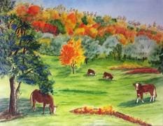 A painting of horses grazing in the grass