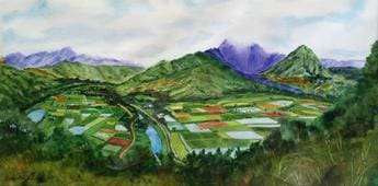 A painting of a valley with mountains in the background