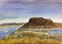 A painting of a mountain with water in the background