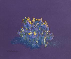 A painting of purple flowers on a blue background