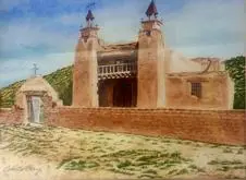 A painting of an old building with two towers.