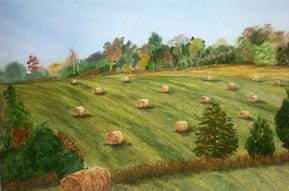 A painting of hay bales in the middle of a field.