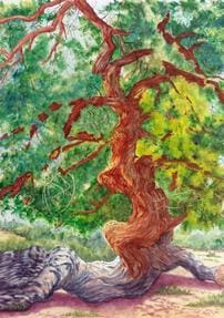 A painting of a tree with green leaves