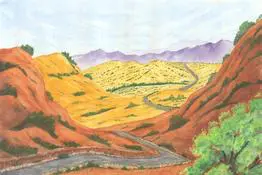A painting of a road going through the desert
