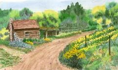 A painting of a dirt road with flowers growing on it.