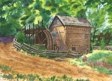 A painting of a water mill in the woods
