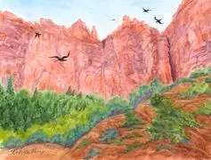 A painting of mountains with birds flying over them.