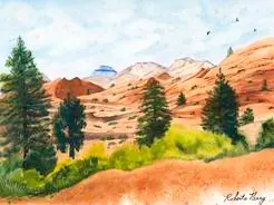A painting of trees and mountains in the distance.
