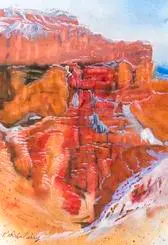 A painting of the grand canyon in red and orange.