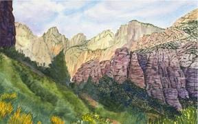A painting of mountains with trees in the foreground