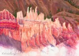 A painting of some pink rocks and trees