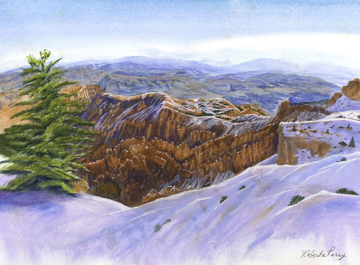 A painting of the mountains and trees in winter