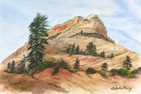 A painting of a mountain with trees in the foreground.